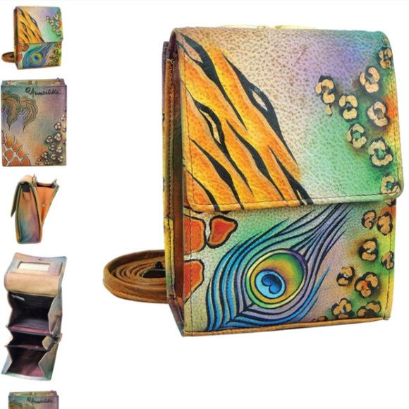 Anuschka Hand painted Triple compartment crossbody organizer Peacock Safari - Picture 2 of 8
